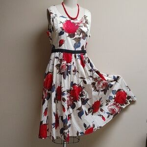 Frock Shop Party Dress Vintage Style Cream Red Roses Size L